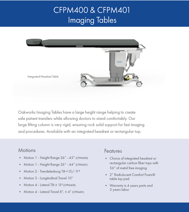 Oakworks 75206-T01-CFPM401 Imaging Pain Management Table w/ Integrated Headrest