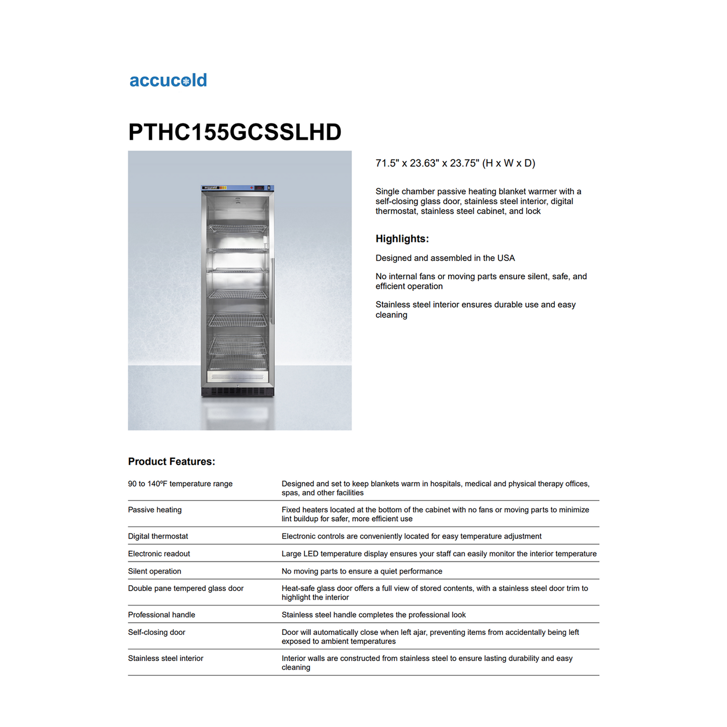 Accucold PTHC155GCSSLHD 24" 12.17 Cu. Ft. PureTherm Blanket Warmer - Glass LEFT Door