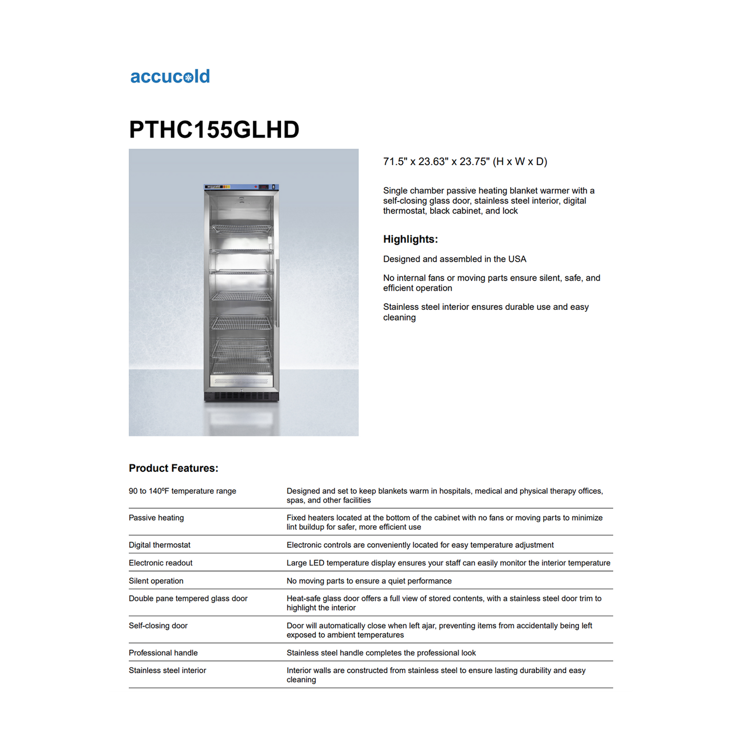 Accucold PTHC155GLHD 24" 12.17 Cu. Ft. PureTherm Blanket Warmer - Glass LEFT Door