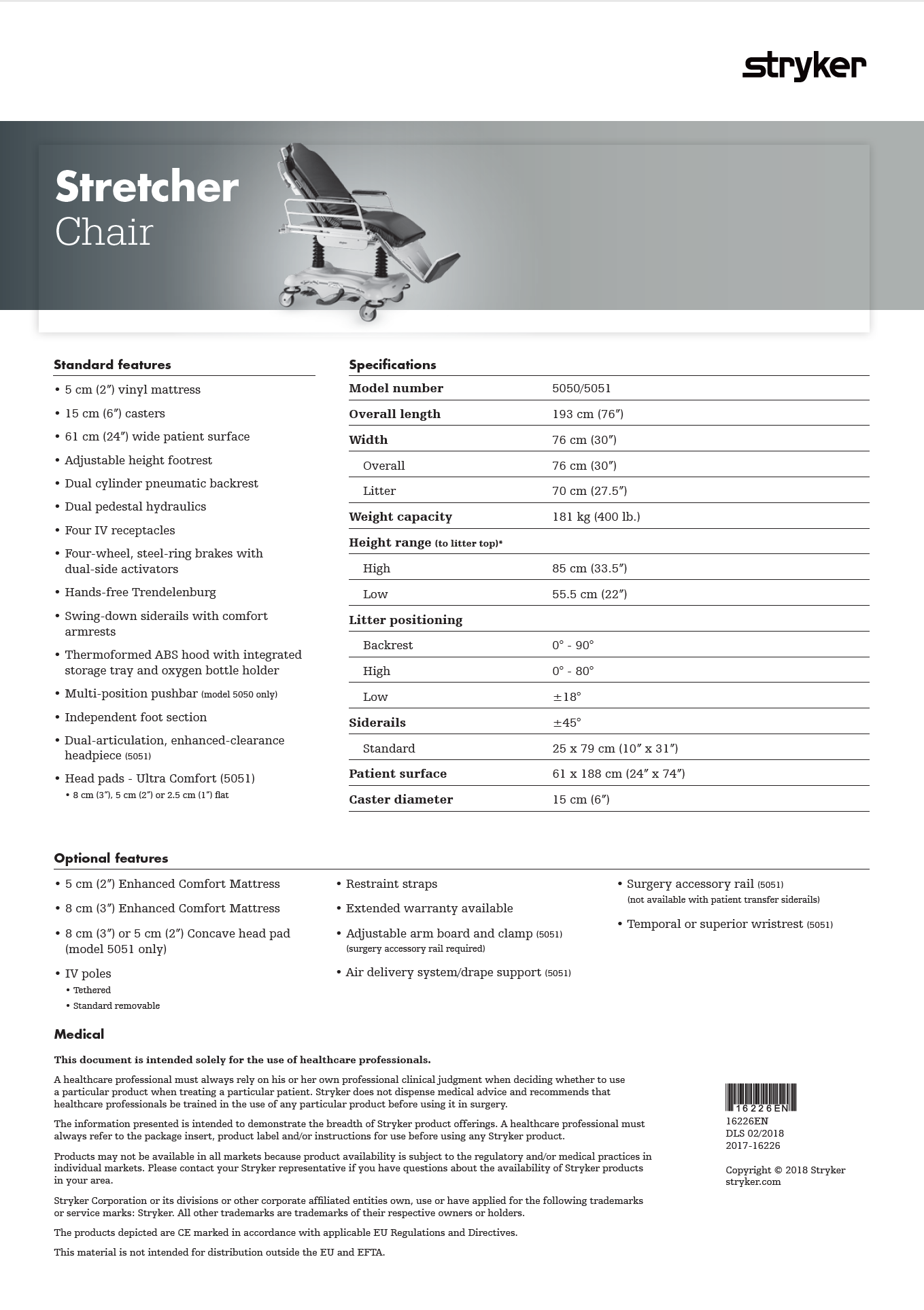 Stryker 5050 Eye Stretcher/Chair Medical Equipment Doctor