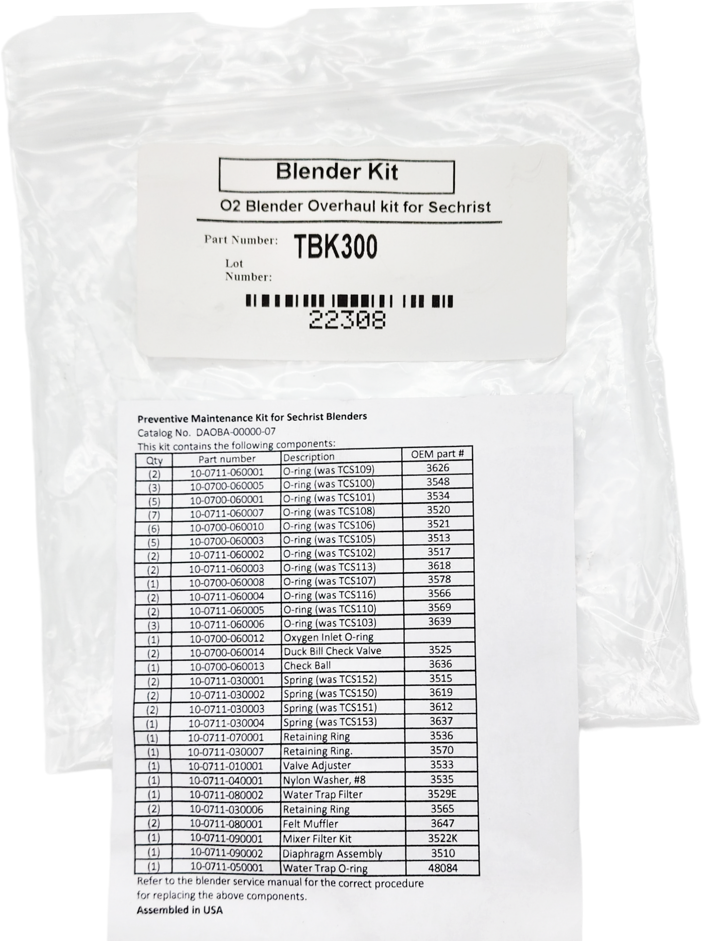 Sechrist O2 Blenders Overhaul Kit
